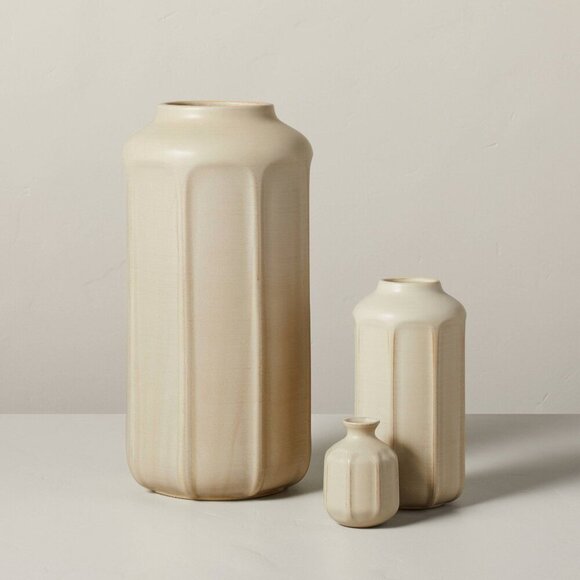 Hearth & Hand Magnolia 3pc Set Faceted Ceramic Vase Taupe 4in 9in 16in Target - Picture 1 of 12